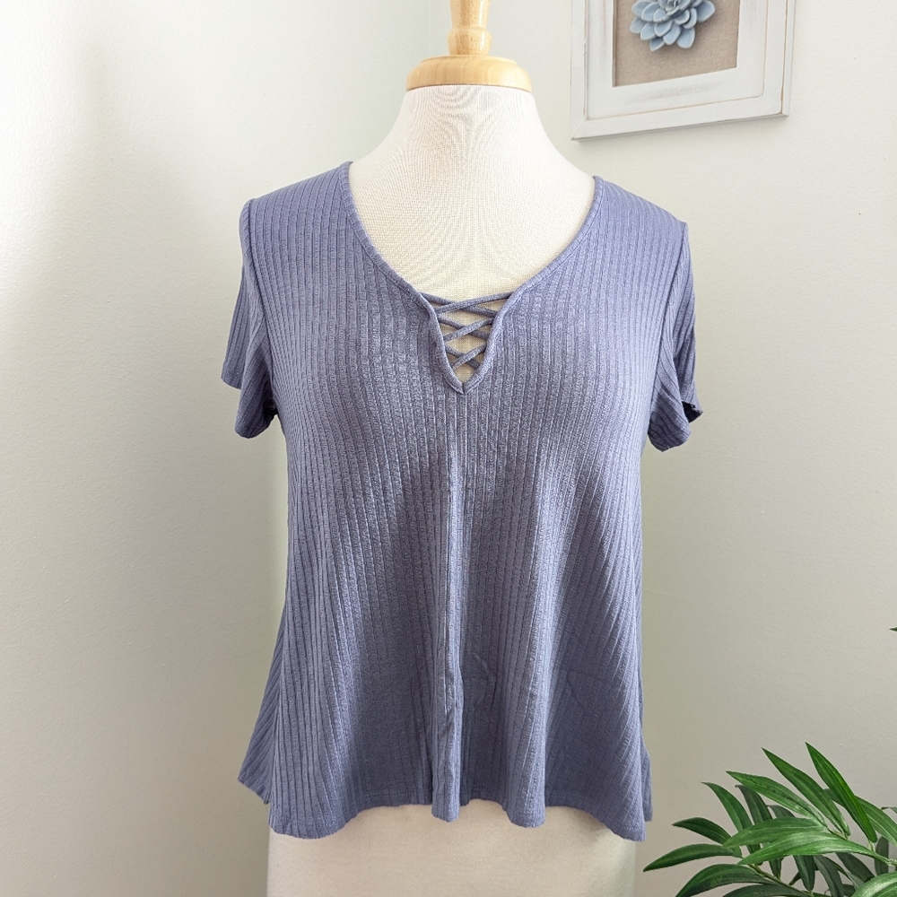 American Eagle Outfitters Lavender Purple Ribbed Criss Cross Short Sleeve Top M